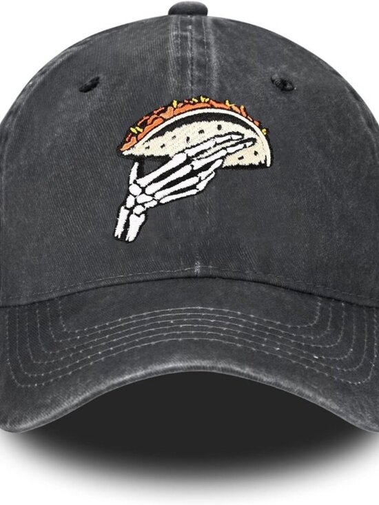 Women\'s Embroidery Adjustable Washed Distressed Casual Trucker Hat Taco Skull main image 6
